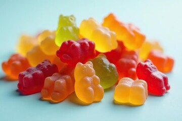 A pile of gummy bears in various shapes and colors, chewy, candy, candy texture