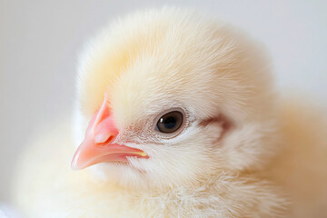 Close-up of a fluffy yellow chick with bright eyes and soft feathers.