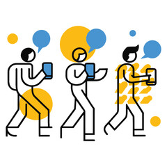 
Minimalist illustration of three people using smartphones with speech bubbles.