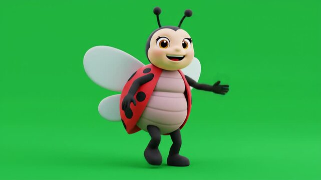 Cartoon ladybug character illustration with red shell and black spots standing on green background