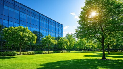 Obraz premium Sustainable modern architecture office park landscape with lush 