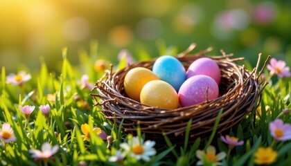 Obraz premium imagine a breathtaking scene where a delicate nest cradles a vibrant array of colorful easter eggs, nestled amidst a bed of fresh green grass, the eggs gleam with every hue of the rainbow