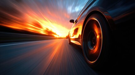 Fast car on a highway at sunset.