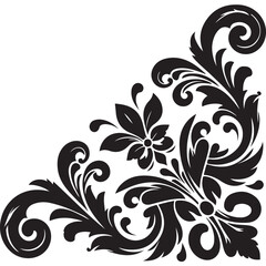 Elegant Black Floral Corner Ornament Vector Design with Vintage Swirl Patterns – Decorative Botanical Frame Element for Invitations, Tattoos, and Graphic Projects.