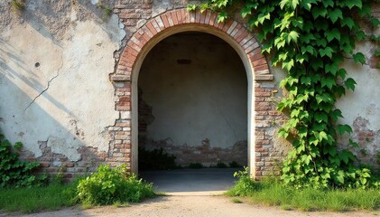 Cracked plaster walls, crumbling archway, overgrown vines , stone, archway