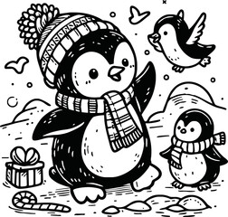 Line art of penguin cartoon vector. penguin coloring book.