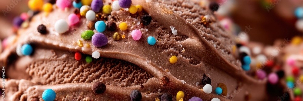 Poster melting chocolate ice cream adorned with colorful sprinkles at a warm summer afternoon generative ai