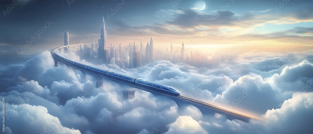 Poster 青と白の空に浮かぶ未来都市の景観と綿密な雲 海抜の高い都会のビルディングと建築物のスカイラインを望む幻想的なデザイン