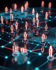 Connected people network on world map for social connections or global business, 3D render
