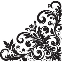 Elegant Black Floral Corner Ornament Vector Design with Vintage Swirl Patterns – Decorative Botanical Frame Element for Invitations, Tattoos, and Graphic Projects.