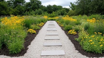Obraz premium Serene Garden Path with Blooming Yellow Flowers and Grey Stone Walkway