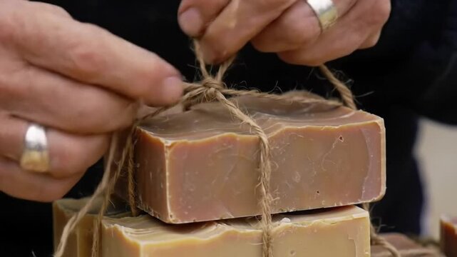 Hands Tie String Around Stack of Handmade Soap