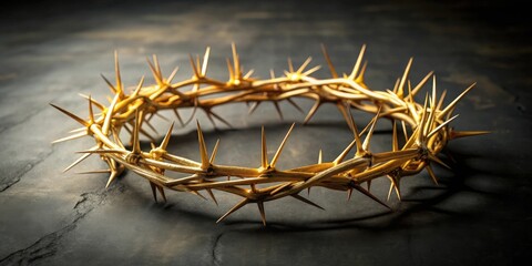 A gilded crown of thorns rests on a dark surface, a symbolic representation of sacrifice and suffering.