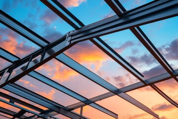 Steel beams against a vibrant sunset sky.