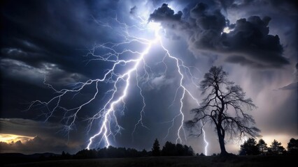 A Dramatic Nightscape Featuring a Majestic Tree Silhouetted Against a Backdrop of Powerful Lightning Strikes and Dark Storm Clouds