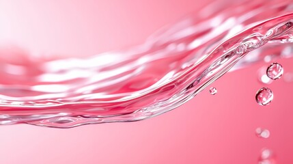 Flowing Water Wave with Droplets Against Pink Background