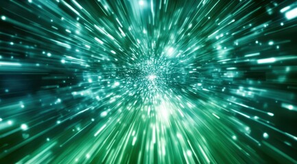 Abstract teal and green explosion of light streaks,  particles, and  glowing points radiating outward from a central point  Rapid movement and energy