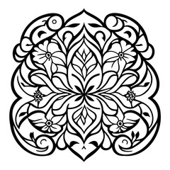 Abstract botanical symmetrical design with intricate line work and floral elements