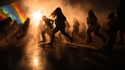 Silhouetted Dancers in Fog with Rainbow Background at Sunset during Celebration of Diversity and Joy
