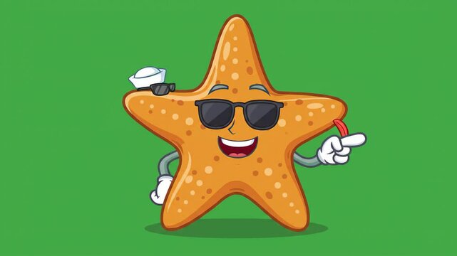 Cartoon starfish character with surprised expression pointing with its hands on a green background