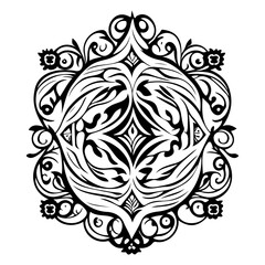 Intricate black and white vector design featuring symmetrical floral elements