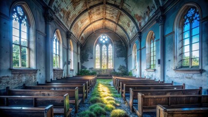 Fototapeta premium Sunlit sanctuary An abandoned church's weathered pews and stained-glass windows, overtaken by nature's gentle reclamation, bathed in ethereal light.