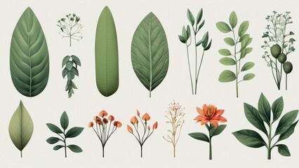 Botanical Illustration of Various Leaves and Plants – Nature Clipart Collection