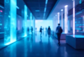 Generative AI Blurred figures walking in a futuristic corridor with blue illumination