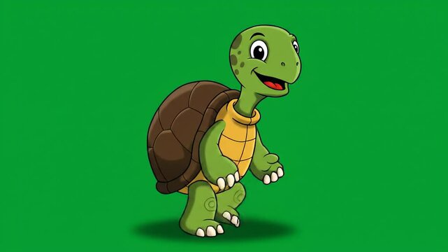 Cartoon tortoise walking on green background illustrative animal character in vibrant style