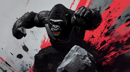 A gorilla is shown in a comic book with a red background