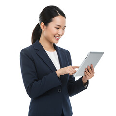 Young businesswoman interacting with tablet in modern office setting