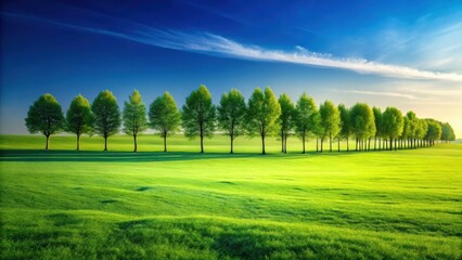 Obraz premium Serene Spring Meadow with a Line of Verdant Trees Under a Bright Blue Sky