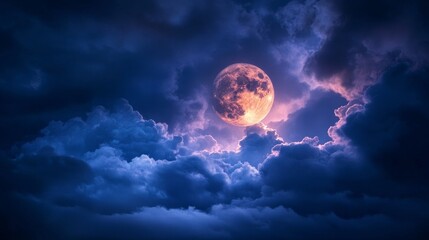 Majestic Night Sky with Orange Moon - A breathtaking view of a large, orange moon partially obscured by dramatic, dark blue clouds. Perfect for backgrounds and celestial themes