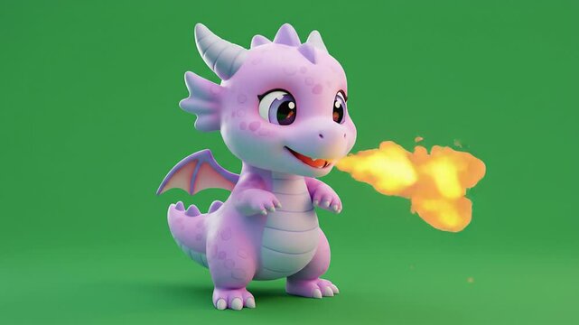 Charming cartoon dragon in pastel colors with friendly expression against solid green background