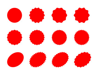 Red abstract element with jagged edges. Collection Retro red wavy edge circle sticker, promotional price labels, discounts, symbols, stamps and tags. Collection of Zigzag and Wavy Geometric Shapes. 