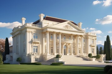 Fototapeta premium A grand yellow mansion featuring a spacious porch and stone foundation.