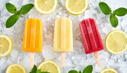 Colorful Fruity Popsicles with Lemon and Mint on Ice