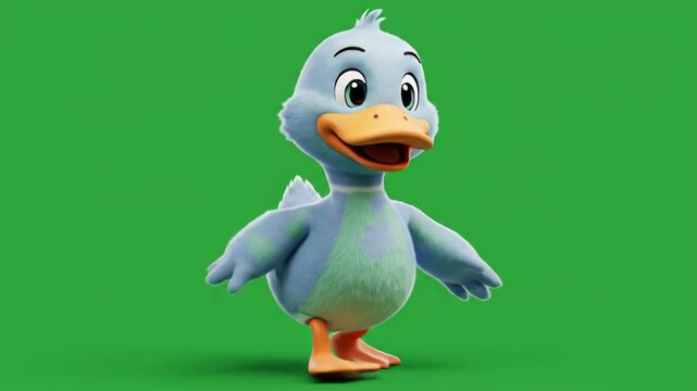 Cheerful cartoon duck illustration with blue feathers and yellow beak on a vibrant green background