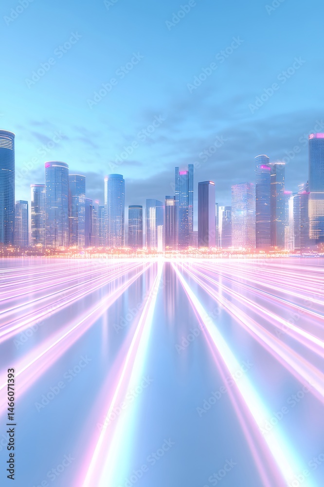 Poster 青空に映える近代的な都市景観 ライトアップされた高層ビル群と輝く光跡が未来的な雰囲気を演出