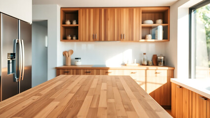 Fototapeta premium Modern Eco-Friendly Kitchen Interior: Sleek Design with Wood Cabinetry & Stainless Steel Appliances