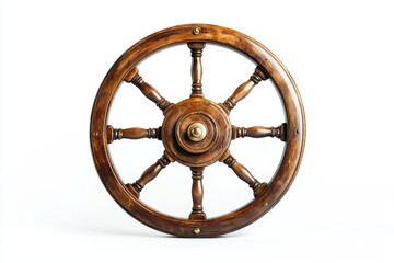 Obraz premium Isolated wooden ship wheel with brass center on a white background