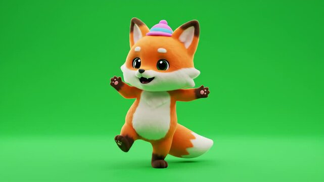 Cheerful cartoon fox with hat dancing on solid green background perfect for various design applications