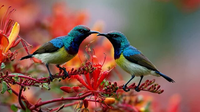 Love Birds Embrace: Two vibrant sunbirds share an intimate moment, their beaks touching tenderly amidst a backdrop of lush, blooming flora. This image is a testament to nature's grace and affection.