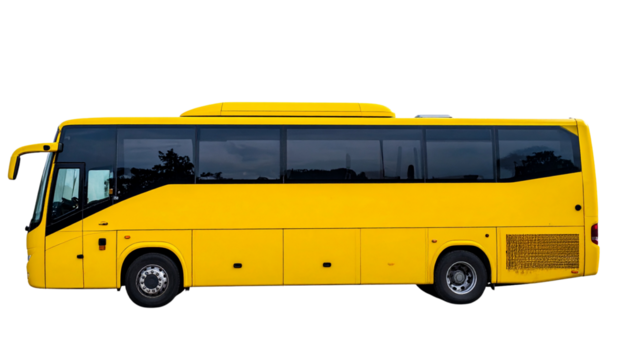 A modern yellow bus with large tinted windows and multiple storage compartments along the side.