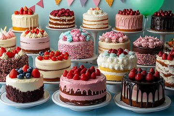 Assortment of beautiful cakes displayed for celebrations and festive occasions with fruits
