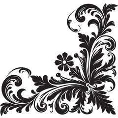 Elegant Black Floral Corner Ornament Vector Design with Vintage Swirl Patterns – Decorative Botanical Frame Element for Invitations, Tattoos, and Graphic Projects.