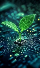 Green plant with glowing leaves emerges from the computer chip in this scene