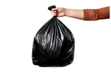 A human hand holding a full black plastic garbage bag by the knot, bulging with contents, representing waste disposal or cleanliness themes, isolated on transparent background.