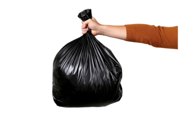 A human hand holding a full black plastic garbage bag by the knot, bulging with contents, representing waste disposal or cleanliness themes, isolated on transparent background.