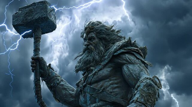 Titan statue:A statue of a titan, holding a hammer with dramatic lighting and thunder in the background